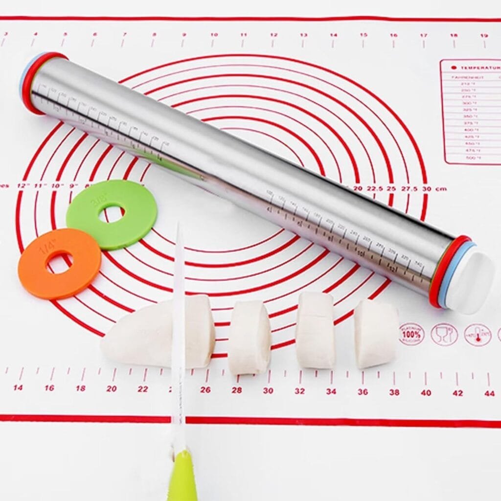 Stainless Steel Rolling Pin and Silicone Mat Set, Adjustable Thickness Rings - For Baking Dough, Pizza, Pies, Pastries, Pasta, Cookies