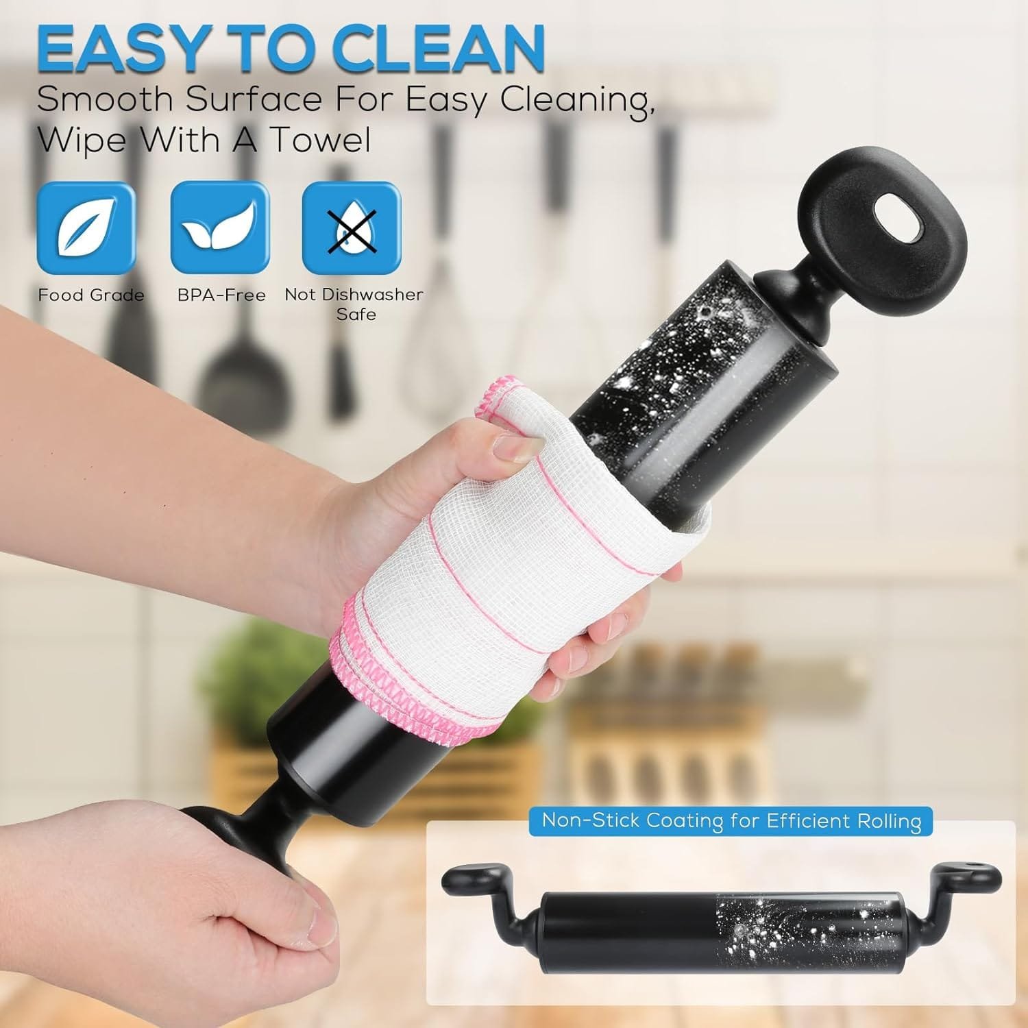 Stainless Steel Rolling Pin for Baking Dough Roller With Lifted Handles Fondant Roller for Pizza Tortillas Pie Biscuit Non-Stick Coating for Easy Cleaning Black FAVIA