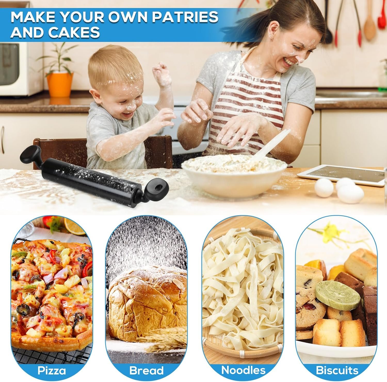 Stainless Steel Rolling Pin for Baking Dough Roller With Lifted Handles Fondant Roller for Pizza Tortillas Pie Biscuit Non-Stick Coating for Easy Cleaning Black FAVIA