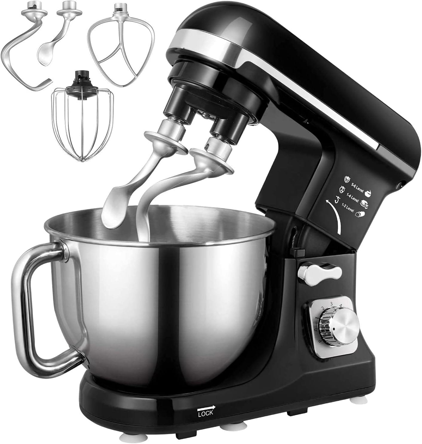 Stand Mixer Fohere, with Double Dough Hook, Wire Whip  Beater, 6+ P Speed Tilt-Head Food Mixer, Pouring Shield for Home Cooking, Dishwasher Safe Stainless Steel Bowl with Handle, Black