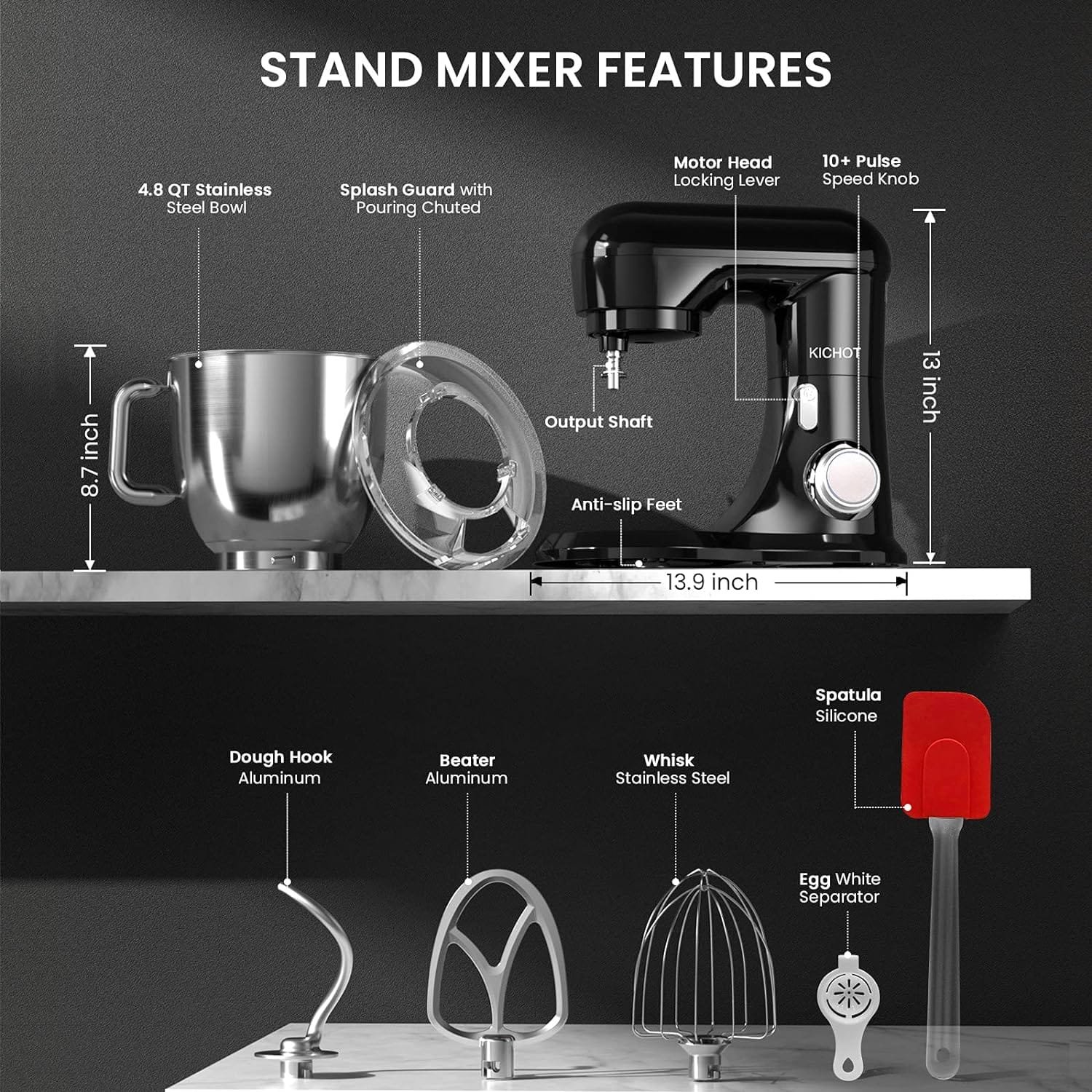 Stand Mixer, KICHOT 10+P Speed 4.8 Qt. Household Stand Mixers, Tilt-Head Cake Mixer Machine with Dough Hook, Beater, Wire Whisk  Splash Guard Attachments for Baking, Cake, Cookie, Kneading, RED Stand Mixer, KICHOT 10+P Speed 4.8 Qt. Household Stand Mixers, Tilt-Head Cake Mixer Machine with Dough Hook, Beater, Wire Whisk  Splash Guard Attachments for Baking, Cake, Cookie, Kneading, RED