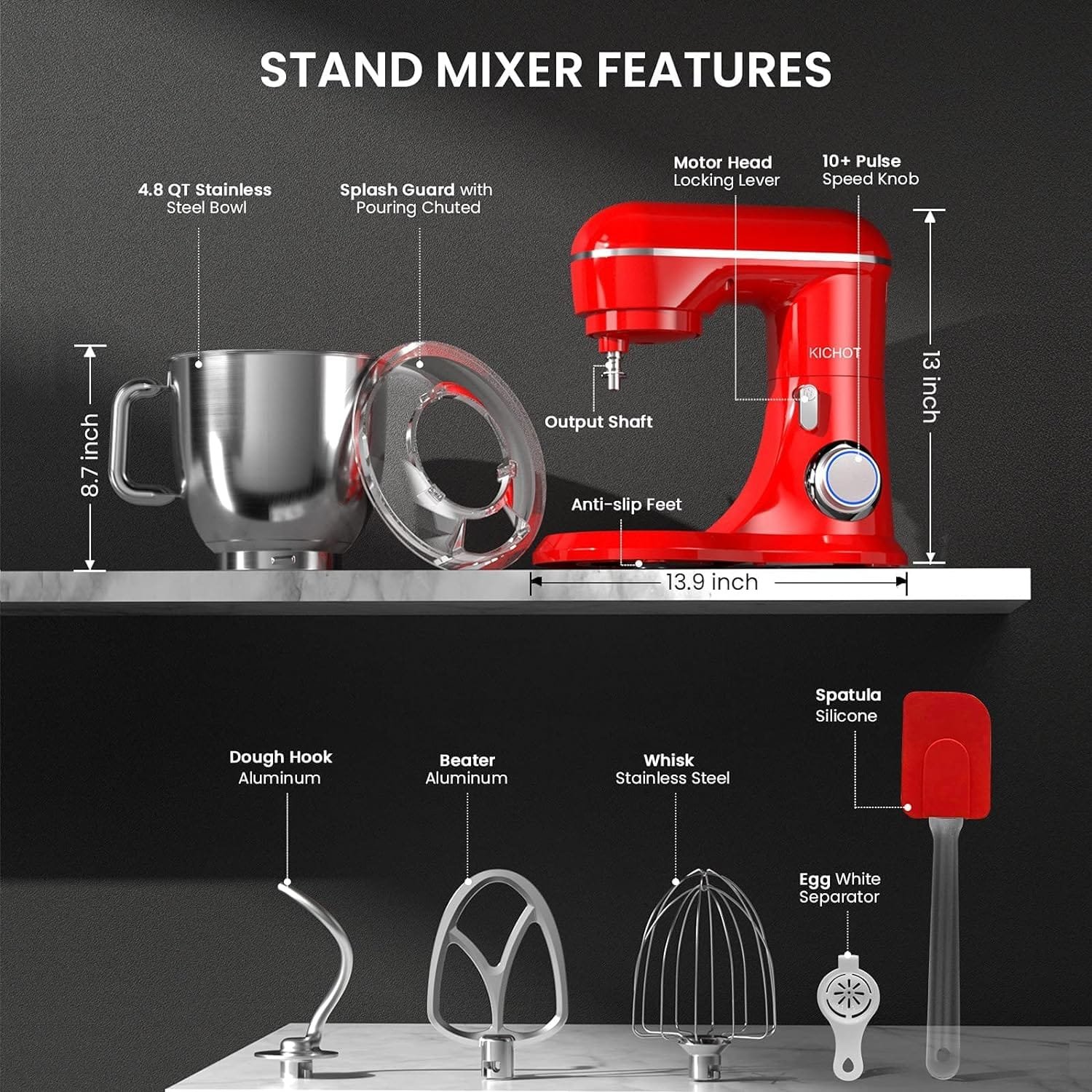 Stand Mixer, KICHOT 10+P Speed 4.8 Qt. Household Stand Mixers, Tilt-Head Cake Mixer Machine with Dough Hook, Beater, Wire Whisk  Splash Guard Attachments for Baking, Cake, Cookie, Kneading, RED Stand Mixer, KICHOT 10+P Speed 4.8 Qt. Household Stand Mixers, Tilt-Head Cake Mixer Machine with Dough Hook, Beater, Wire Whisk  Splash Guard Attachments for Baking, Cake, Cookie, Kneading, RED
