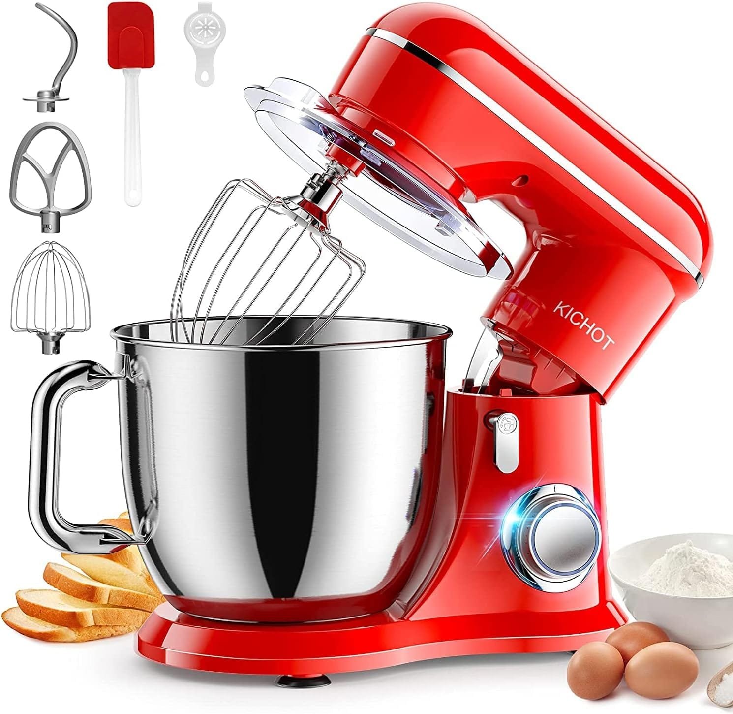 Stand Mixer, KICHOT 10+P Speed 4.8 Qt. Household Stand Mixers, Tilt-Head Cake Mixer Machine with Dough Hook, Beater, Wire Whisk  Splash Guard Attachments for Baking, Cake, Cookie, Kneading, RED Stand Mixer, KICHOT 10+P Speed 4.8 Qt. Household Stand Mixers, Tilt-Head Cake Mixer Machine with Dough Hook, Beater, Wire Whisk  Splash Guard Attachments for Baking, Cake, Cookie, Kneading, RED