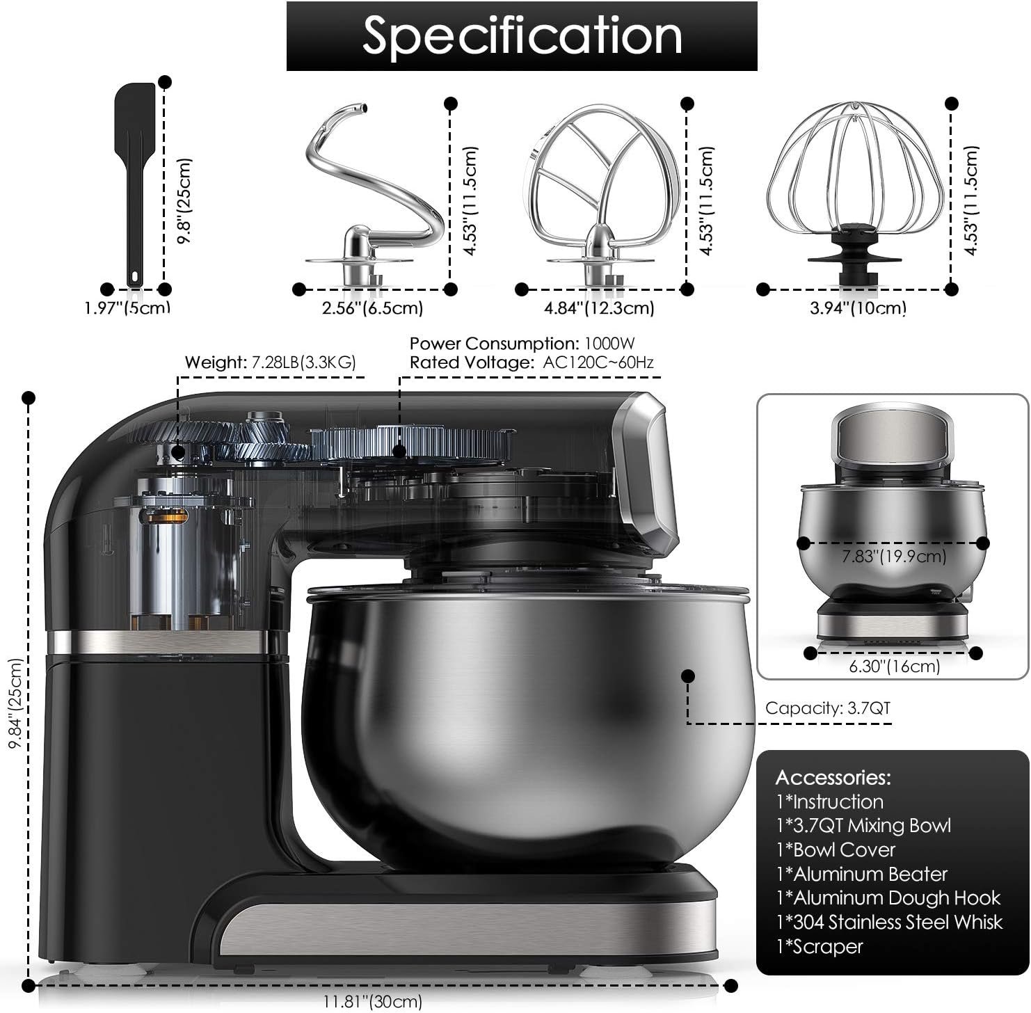 Stand Mixer, Kitchen Mixer Electric Food Mixer, 6 Speeds with 304 Stainless Steel Bowl Tilt-Head Dough Mixer, Dough Hook, Whisk, Beater, Splash Guard  Scraper