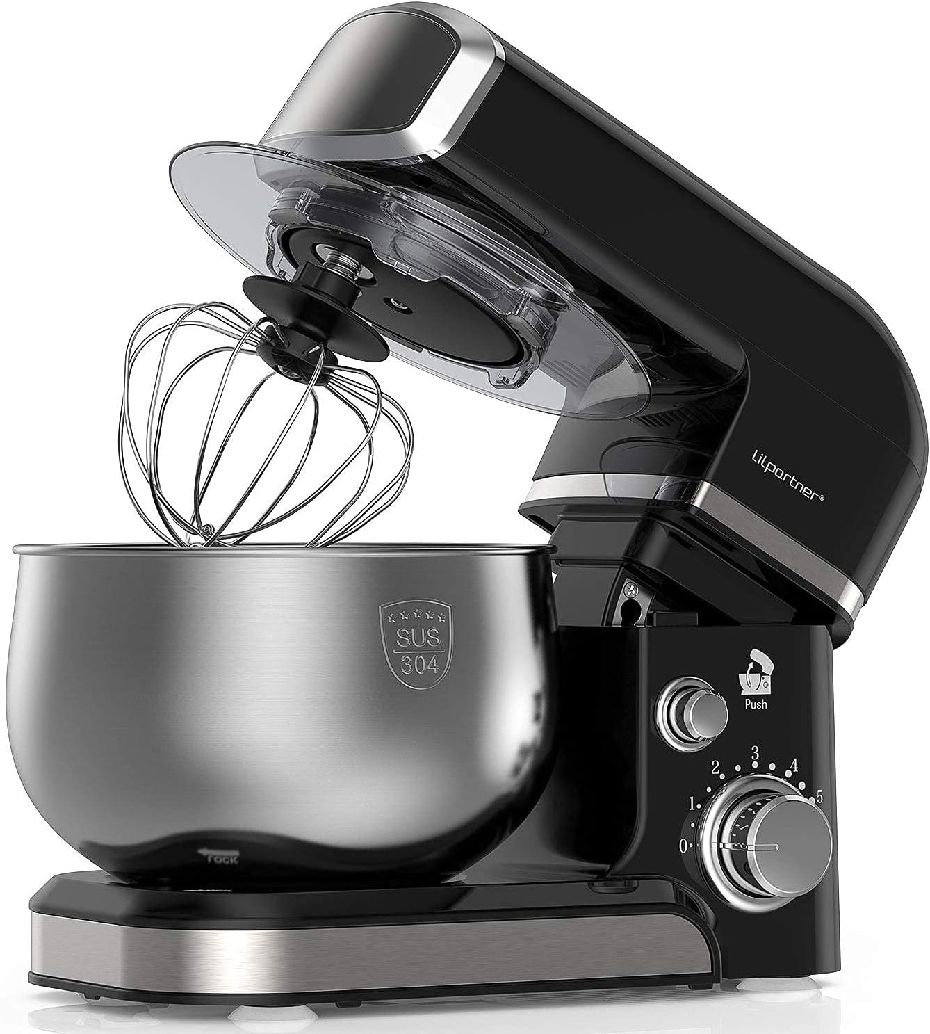 Stand Mixer, Kitchen Mixer Electric Food Mixer, 6 Speeds with 304 Stainless Steel Bowl Tilt-Head Dough Mixer, Dough Hook, Whisk, Beater, Splash Guard  Scraper