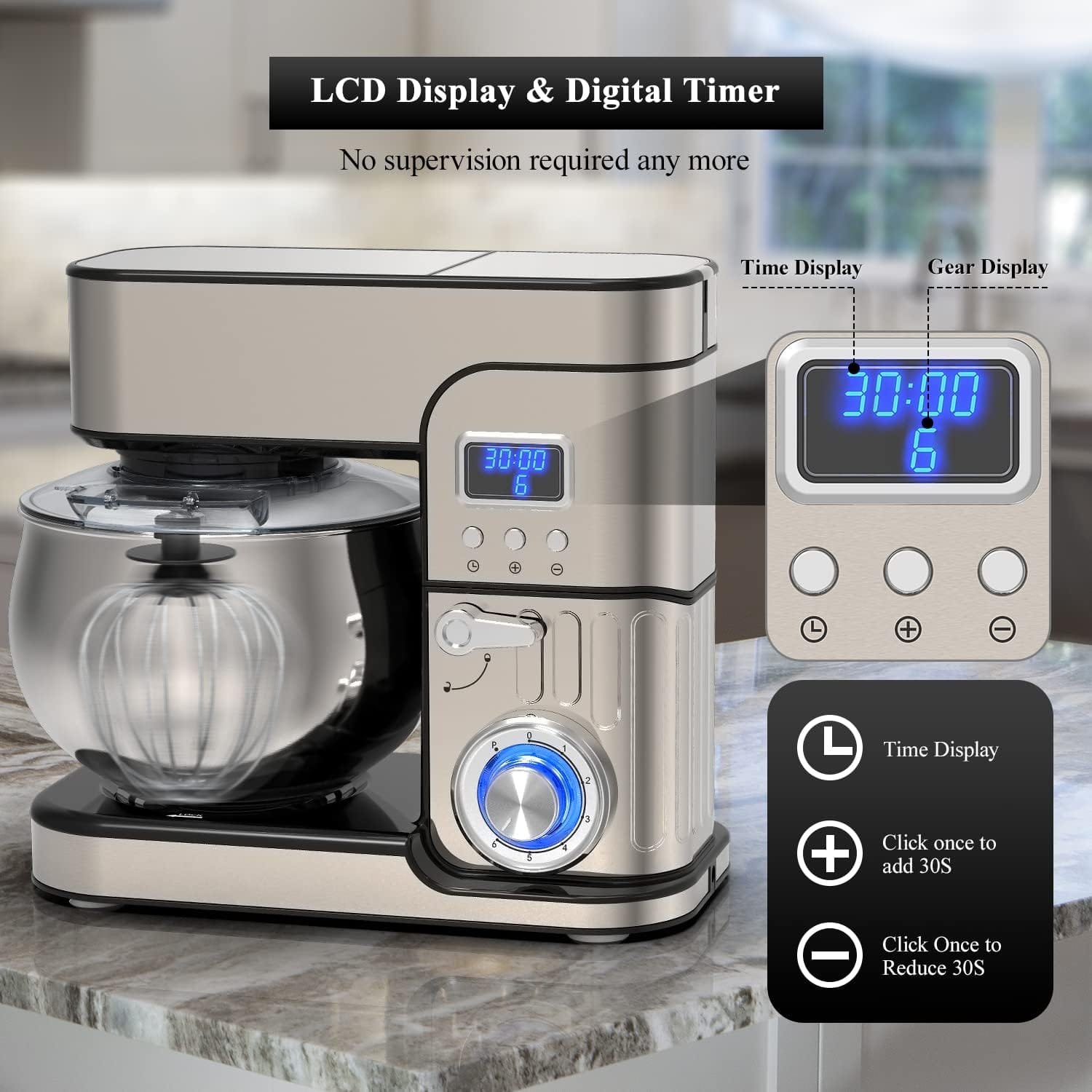 Stand Mixer, Stainless Steel Mixer 5.3-QT LCD Display Food Mixer, 6+P Speed itchen Electric Mixer Tilt-Head Mixer with Stainless Steel Bowl, Dough Hook, Beater, Whisk