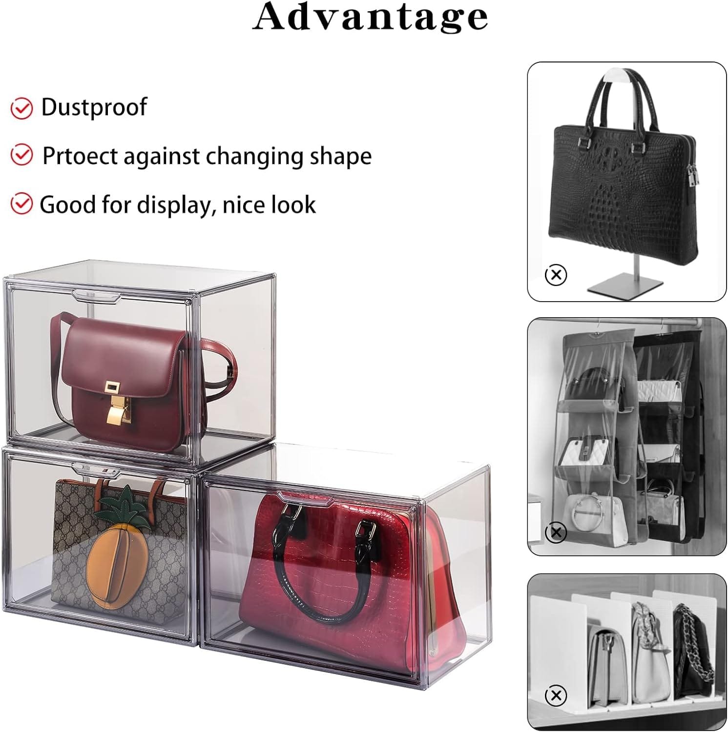 starogegc 3Pack Clear Plastic Handbag Storage Organizer for Closet, Acrylic Display Case for Handbag and Purse, Purse Organizer for Closet with Magnetic Lid for Book, Toys, Hat