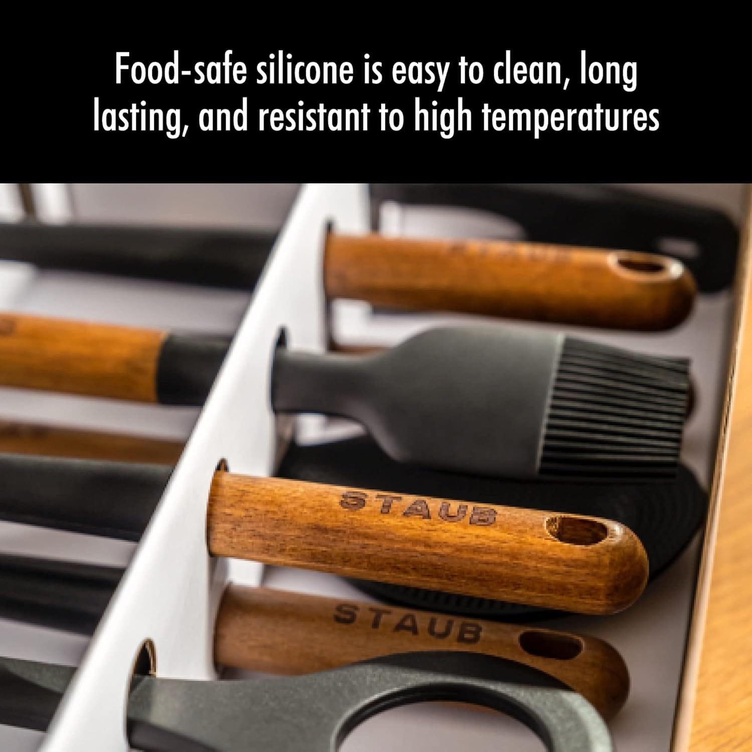 STAUB Pastry Brush, Perfect for Evenly Glazing Pastries and Basting Meats, Durable BPA-Free Matte Black Silicone, Acacia Wood Handles, Safe for Nonstick Cooking Surfaces