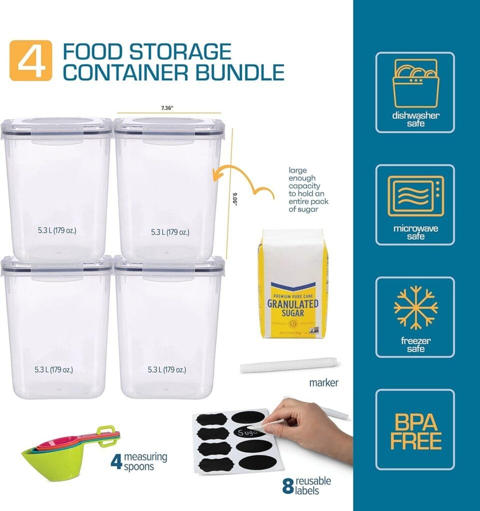 Storeganize Flour Sugar Storage Containers (5.3L/4pk) Great Rice Canisters Sets For The Kitchen pantry, Large Food Storage Containers With Lids Airtight