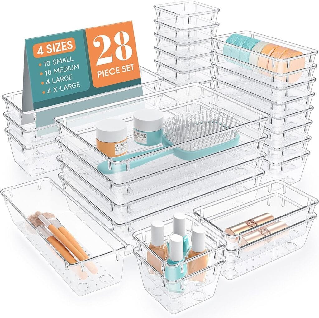 StorMiracle 28 PCS Clear Plastic Drawer Organizers Set, 4 Size Desk Drawer Organizer Trays for Makeup, Jewelry, Kitchen Utensils, Gadgets and Office Accessories