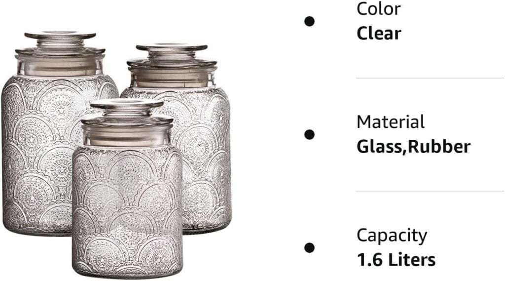 Style setter Canister Set 3-Piece Glass Jars in 34oz, 44oz  54oz Retro Design w/Airtight Lids for Cookies, Candy, Coffee, Flour, Sugar, Rice, Pasta, Cereal  More