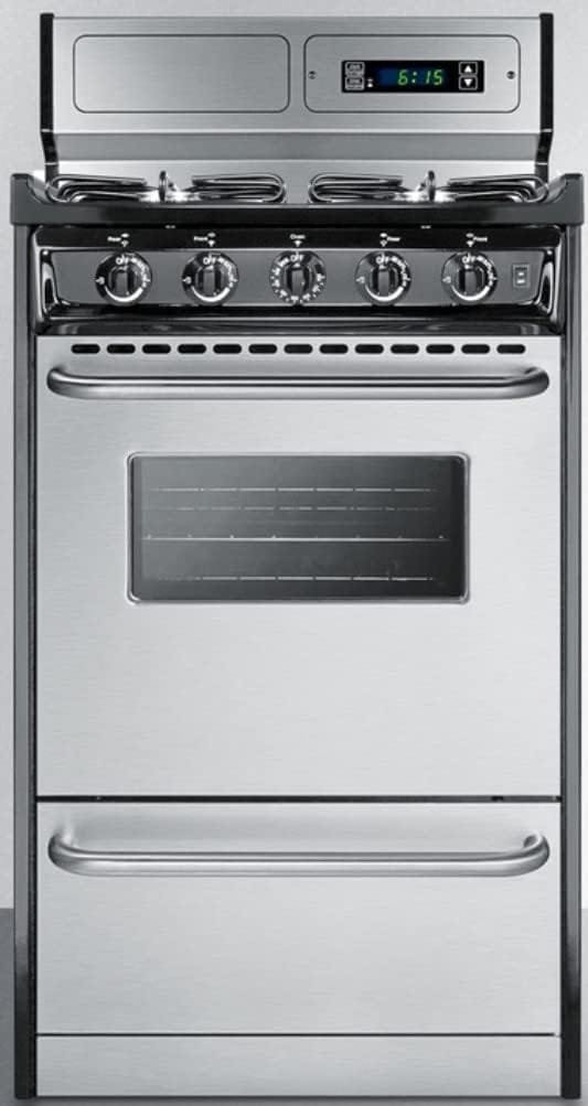 Summit Appliance TTM1307BKSW 20 Wide Gas Range in Stainless Steel with Sealed Burners, High Backguard, Clock/Timer, Oven Window, Towel Bar Handles and Electronic Ignition