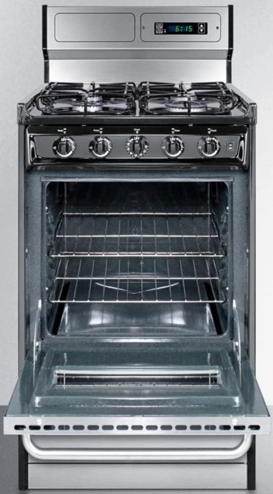 Summit Appliance TTM1307BKSW 20 Wide Gas Range in Stainless Steel with Sealed Burners, High Backguard, Clock/Timer, Oven Window, Towel Bar Handles and Electronic Ignition