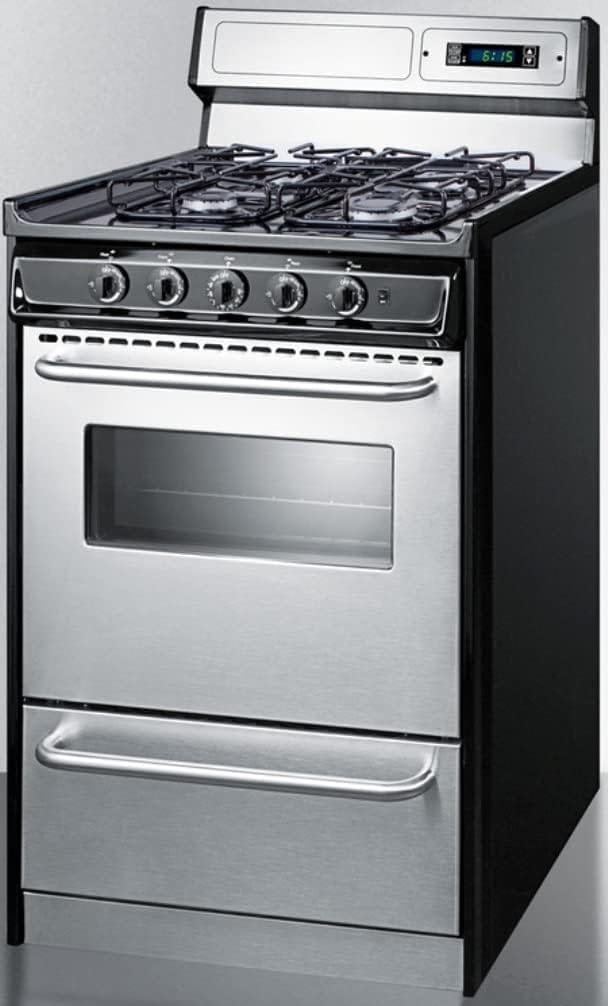 Summit Appliance TTM1307BKSW 20 Wide Gas Range in Stainless Steel with Sealed Burners, High Backguard, Clock/Timer, Oven Window, Towel Bar Handles and Electronic Ignition