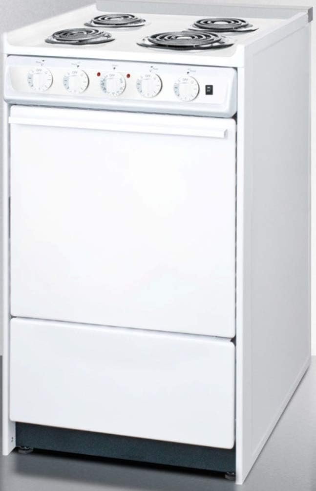 Summit Appliance WEM110R 20 Wide Slide-In Electric Coil Top Range in White with Lower Storage Compartment, Indicator Lights, Chrome Drip Pans, Oven Racks, Broiler Pan, Recessed Oven Door