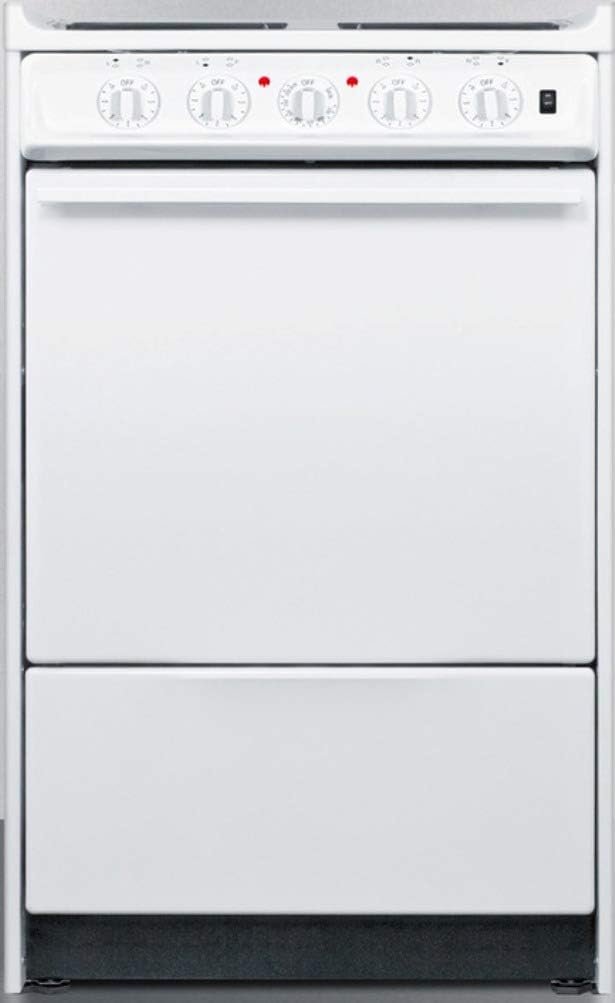 Summit Appliance WEM110R 20 Wide Slide-In Electric Coil Top Range in White with Lower Storage Compartment, Indicator Lights, Chrome Drip Pans, Oven Racks, Broiler Pan, Recessed Oven Door