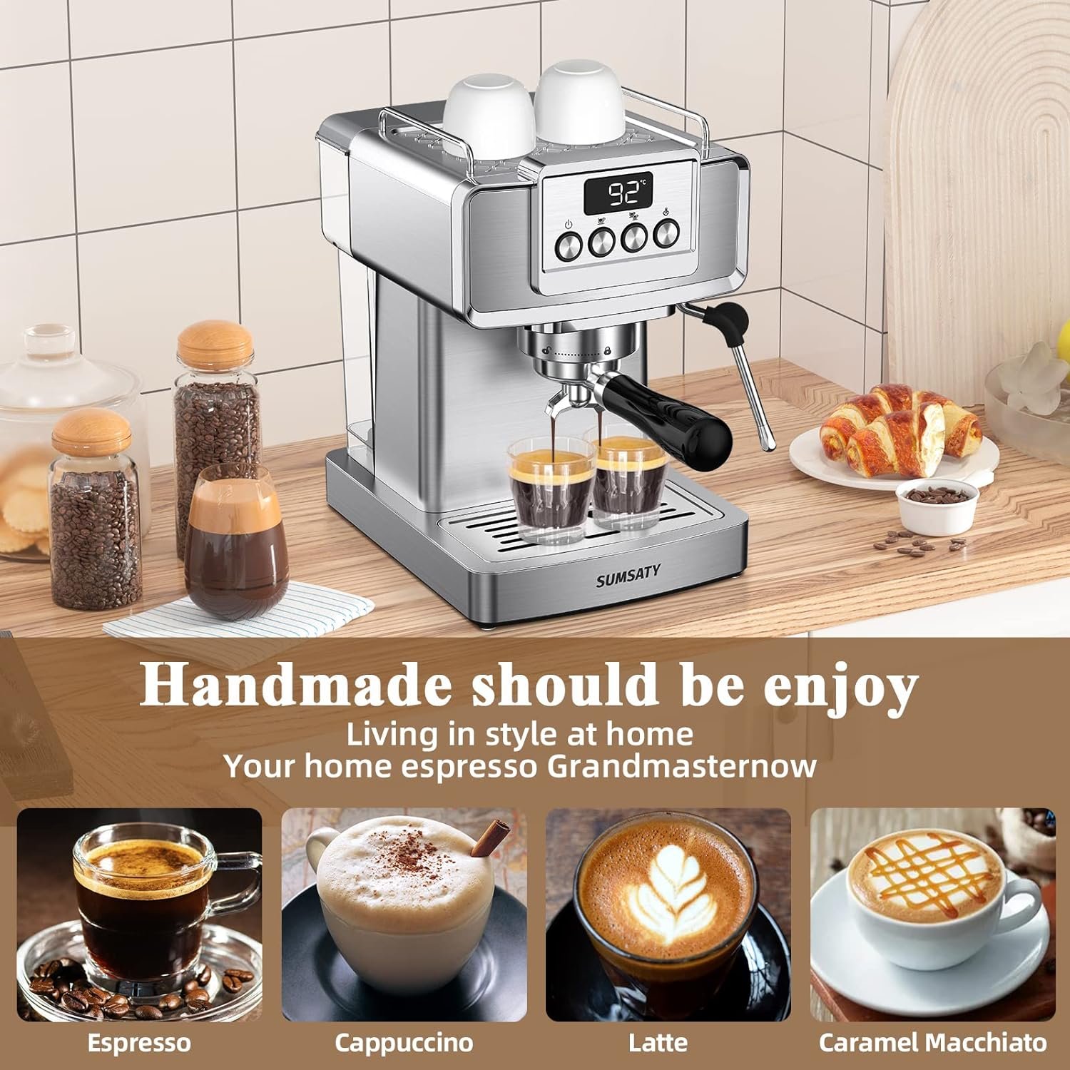SUMSATY Espresso Machine, Stainless Steel Espresso Machine with Milk Frother for Latte, Cappuccino, Machiato,for Home Espresso Maker, 1.8L Water Tank, 20 Bar SUMSATY Espresso Machine, Stainless Steel Espresso Machine with Milk Frother for Latte, Cappuccino, Machiato,for Home Espresso Maker, 1.8L Water Tank, 20 Bar