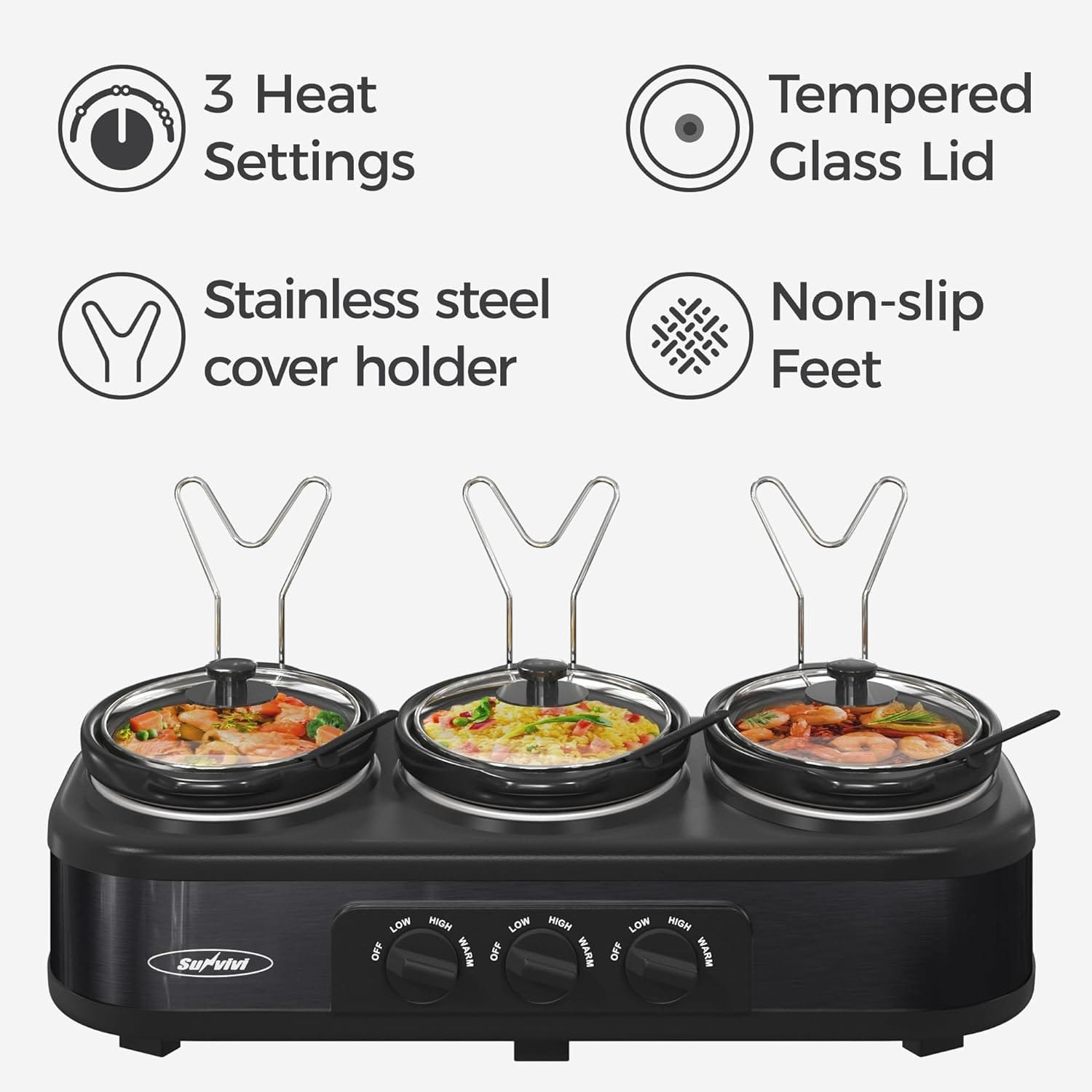 Sunvivi Triple Slow Cooker Buffet Server - 1.5 Quart Ceramic Pots with Adjustable Temp and Lid Rests, Stainless Steel, Total 4.5 Quarts
