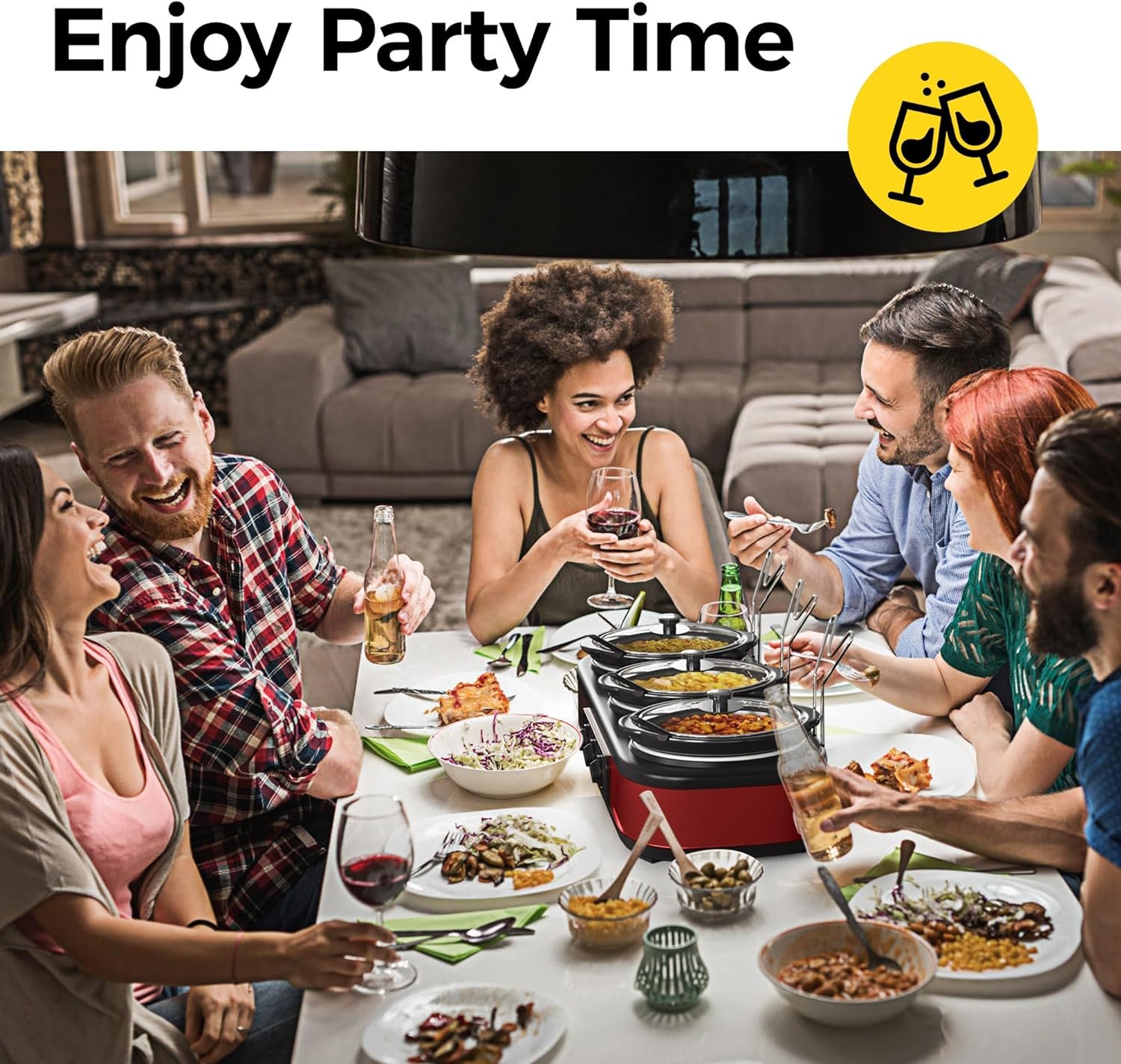 Sunvivi Triple Slow Cooker Buffet Server - 1.5 Quart Ceramic Pots with Adjustable Temp and Lid Rests, Stainless Steel, Total 4.5 Quarts