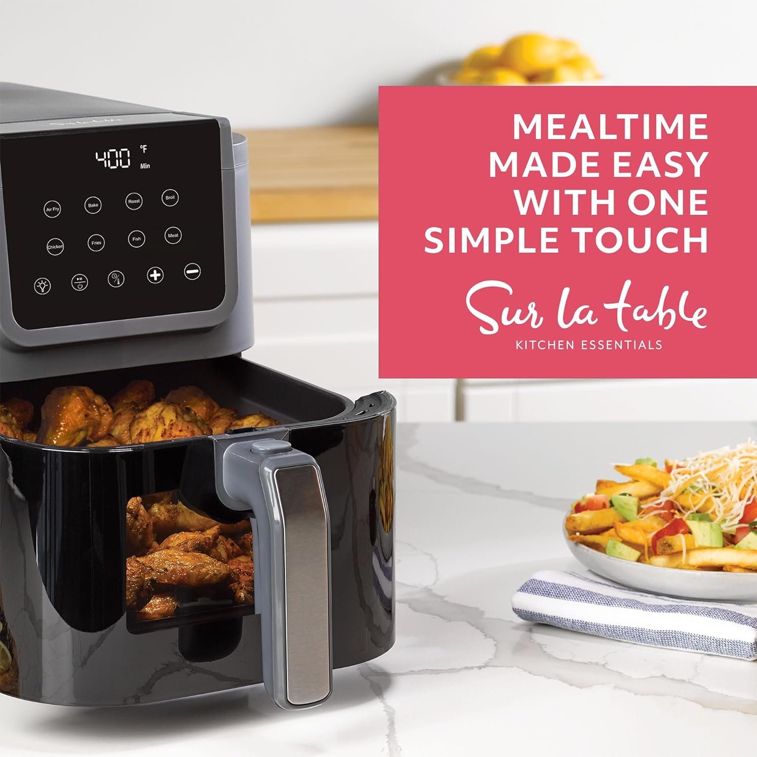 SUR LA TABLE KITCHEN ESSENTIALS 4-in-1 Compact 5-Quart Basket Air Fryer with Window for Easy Viewing, Digital Touchscreen Display with 8-Presets, Air Fry, Bake, Roast, Broil in Minutes, 1500w