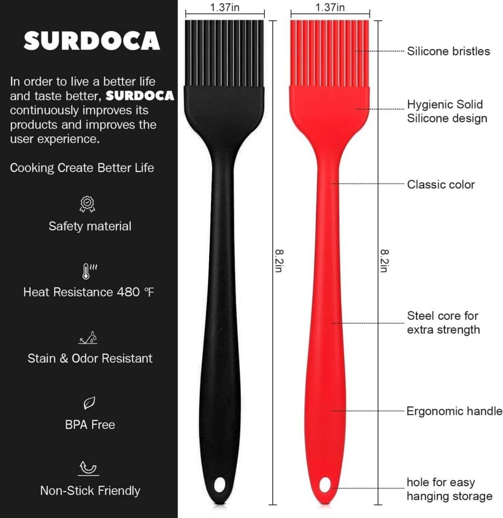 SURDOCA Silicone Pastry Basting Brush - 2Pcs 8.2 in Heat Resistant Brush for Baking Cooking Food, BPA Free Kitchen Brush for Sauce Butter Oil, Stainless Steel Core Design for Barbecue BBQ Grilling
