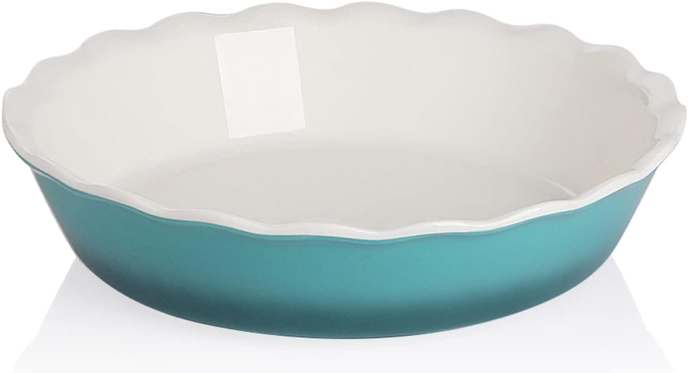 Sweejar Ceramic Pie Pan for Baking, 10 Inches Round Baking Dish for Dinner, Non-Stick Pie Plate with Soft Wave Edge for Apple Pie, Pumpkin Pie, Pot Pies (BlueYellow)