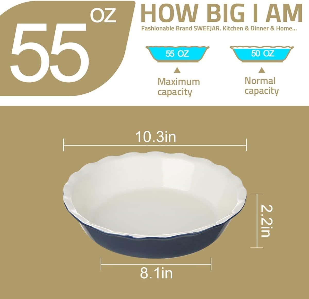 Sweejar Ceramic Pie Pan for Baking, 10 Inches Round Baking Dish for Dinner, Non-Stick Pie Plate with Soft Wave Edge for Apple Pie, Pumpkin Pie, Pot Pies (BlueYellow)