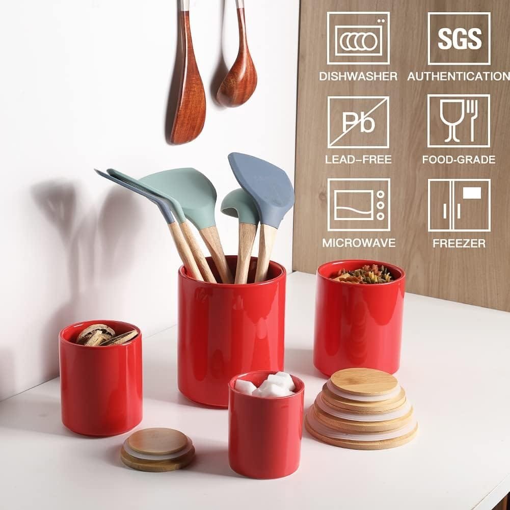 Sweejar Kitchen Canisters Ceramic Food Storage Jar Set, Stackable Containers with Airtight Seal Bamboo Lid for Serving Ground Coffee, Tea,Grains, Herbs,Sugar, Salt and More - Pack of 4（Gray）