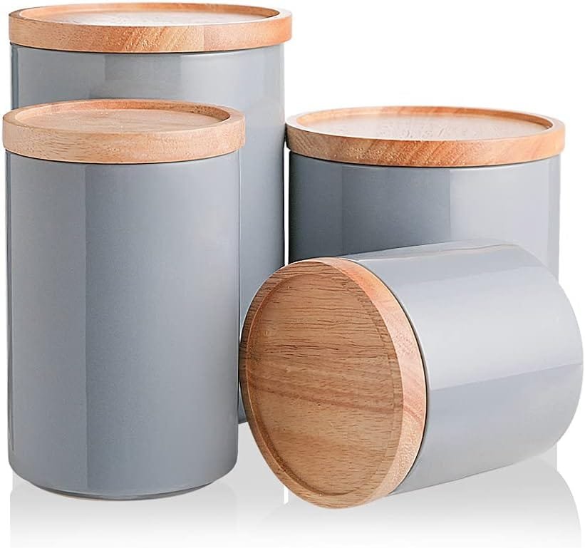 Sweejar Kitchen Canisters Ceramic Food Storage Jar Set, Stackable Containers with Airtight Seal Wooden Lid for Serving Ground Coffee, Tea, Herbs, Grains, Sugar, Salt - Set of 4 (Gray)