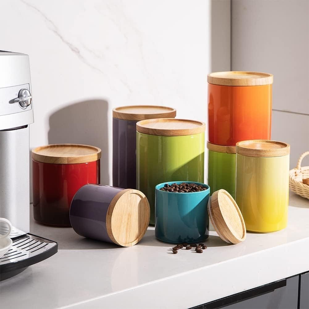 Sweejar Kitchen Canisters Ceramic Food Storage Jar Set, Stackable Containers with Airtight Seal Wooden Lid for Serving Ground Coffee, Tea, Herbs, Grains, Sugar, Salt - Set of 4 (Gray)