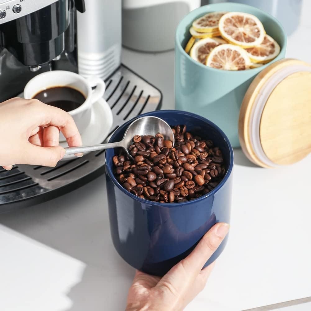 Sweejar Kitchen Canisters Ceramic Food Storage Jar Set, Stackable Containers with Airtight Seal Wooden Lid for Serving Ground Coffee, Tea, Herbs, Grains, Sugar, Salt - Set of 4 (Gray)