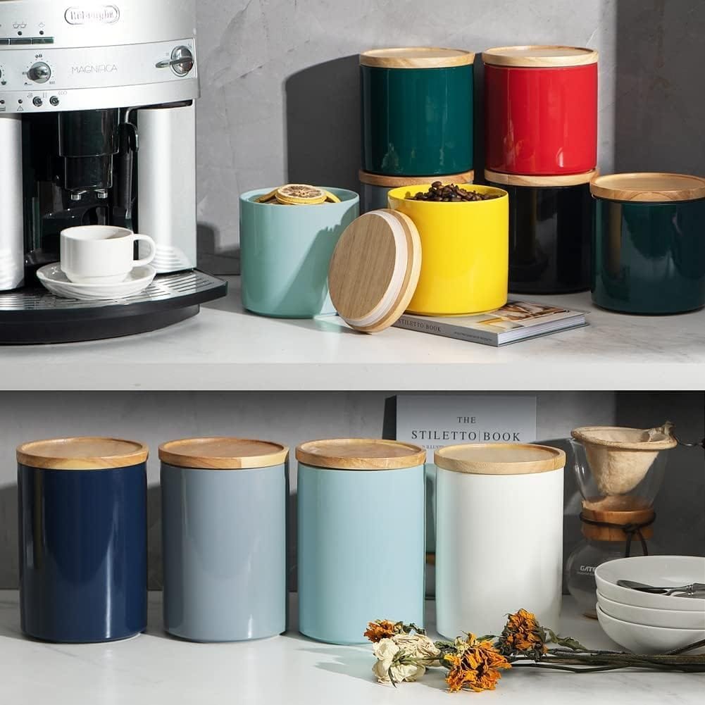 Sweejar Kitchen Canisters Ceramic Food Storage Jar Set, Stackable Containers with Airtight Seal Wooden Lid for Serving Ground Coffee, Tea, Herbs, Grains, Sugar, Salt - Set of 4 (Gray)