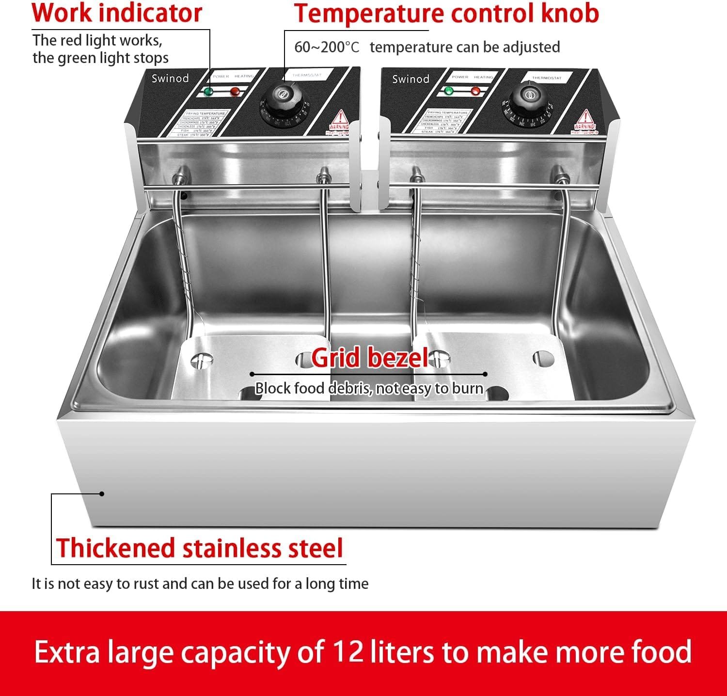 Swinod Commercial Deep Fryer with Basket for Restaurant or Home Use, Detachable Large Capacity Stainless Steel Countertop Electric Oil Fryer with Temperature Control Swinod Commercial Deep Fryer with Basket for Restaurant or Home Use, Detachable Large Capacity Stainless Steel Countertop Electric Oil Fryer with Temperature Control