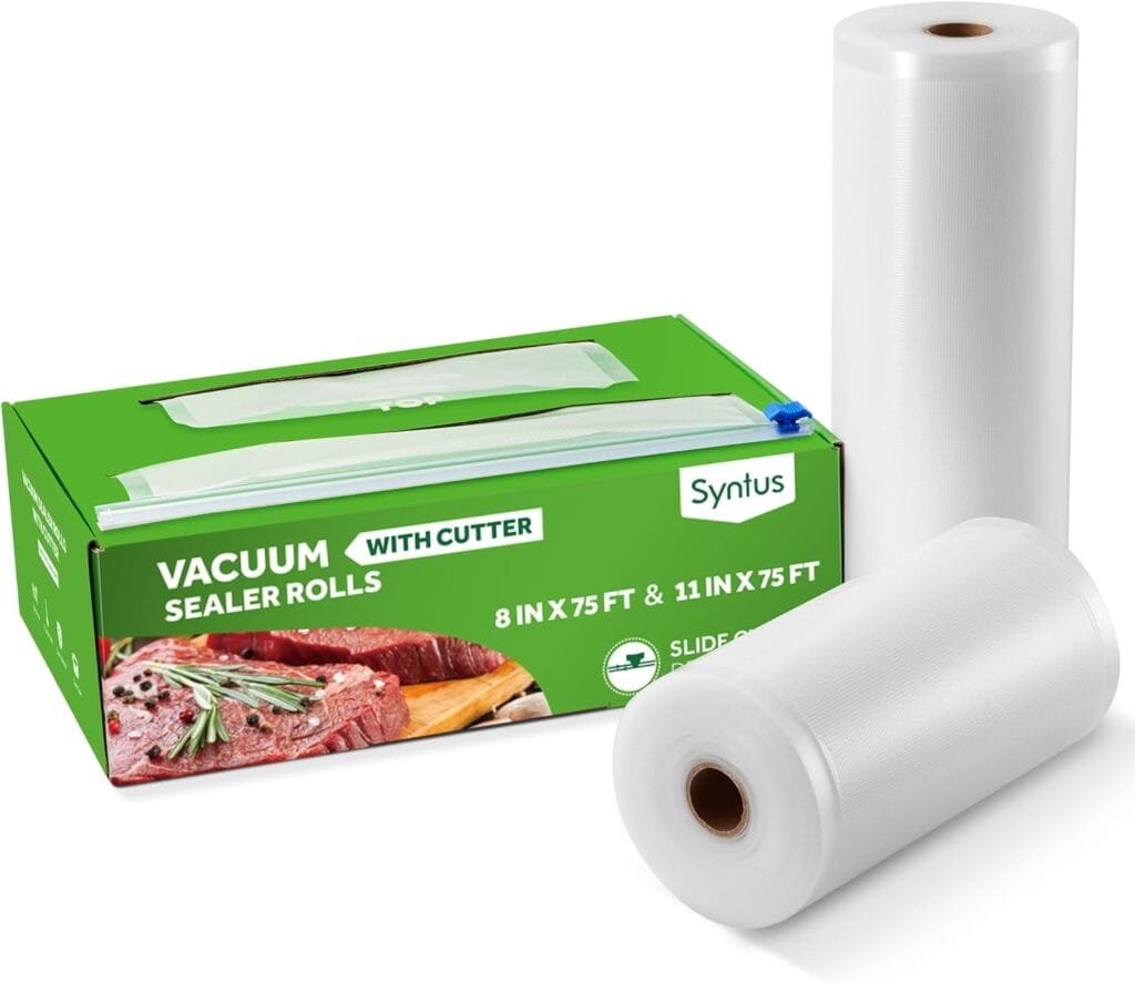 Syntus 11 x 75 and 8 x 75 Food Vacuum Seal Roll Keeper with Cutter Dispenser, Commercial Grade Vacuum Sealer Bag Rolls, Food Vac Bags, Ideal for Storage, Meal Prep and Sous Vide Syntus 11 x 75 and 8 x 75 Food Vacuum Seal Roll Keeper with Cutter Dispenser, Commercial Grade Vacuum Sealer Bag Rolls, Food Vac Bags, Ideal for Storage, Meal Prep and Sous Vide