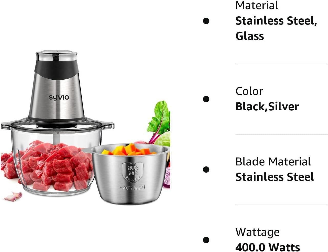 Syvio Food Processors with 2 Bowls, Meat Grinder 4 Bi-Level Blades, Mini Electric Food Chopper 400W, for Baby Food, Meat, Onion, Vegetables, 2 Speed, 8 Cup and 2.5 Cup