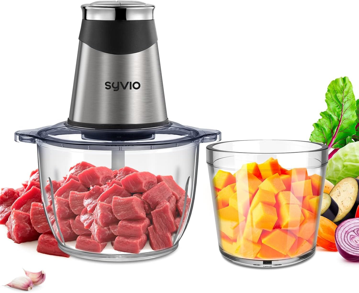 Syvio Food Processors with 2 Bowls, Meat Grinder 4 Bi-Level Blades, Mini Electric Food Chopper 400W, for Baby Food, Meat, Onion, Vegetables, 2 Speed, 8 Cup and 2.5 Cup
