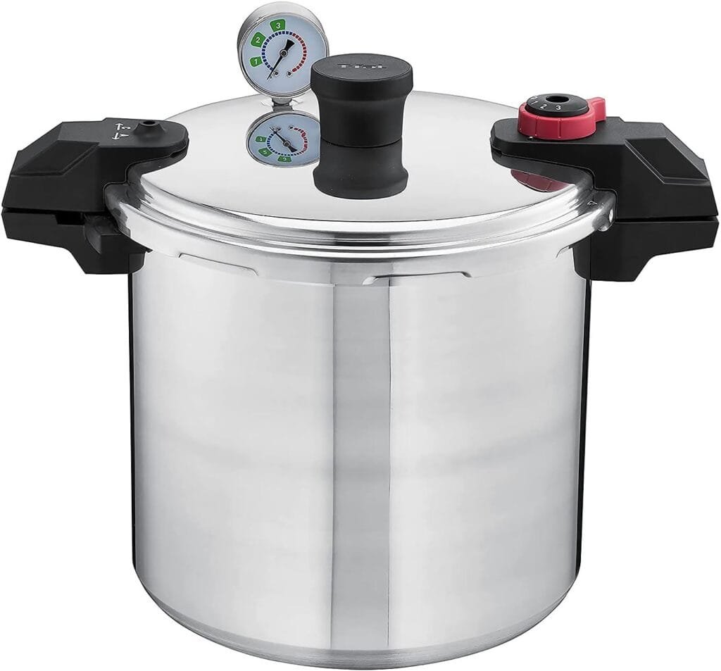 T-fal Pressure Cooker Aluminum Pressure Canner, 22 Quart, 3 PSI Settings, Cookware, Pots and Pans, Large Capacity, Cooling Racks, Recipe Booket, Canning Vegetables, Meats, Poultry, Seafood, Silver