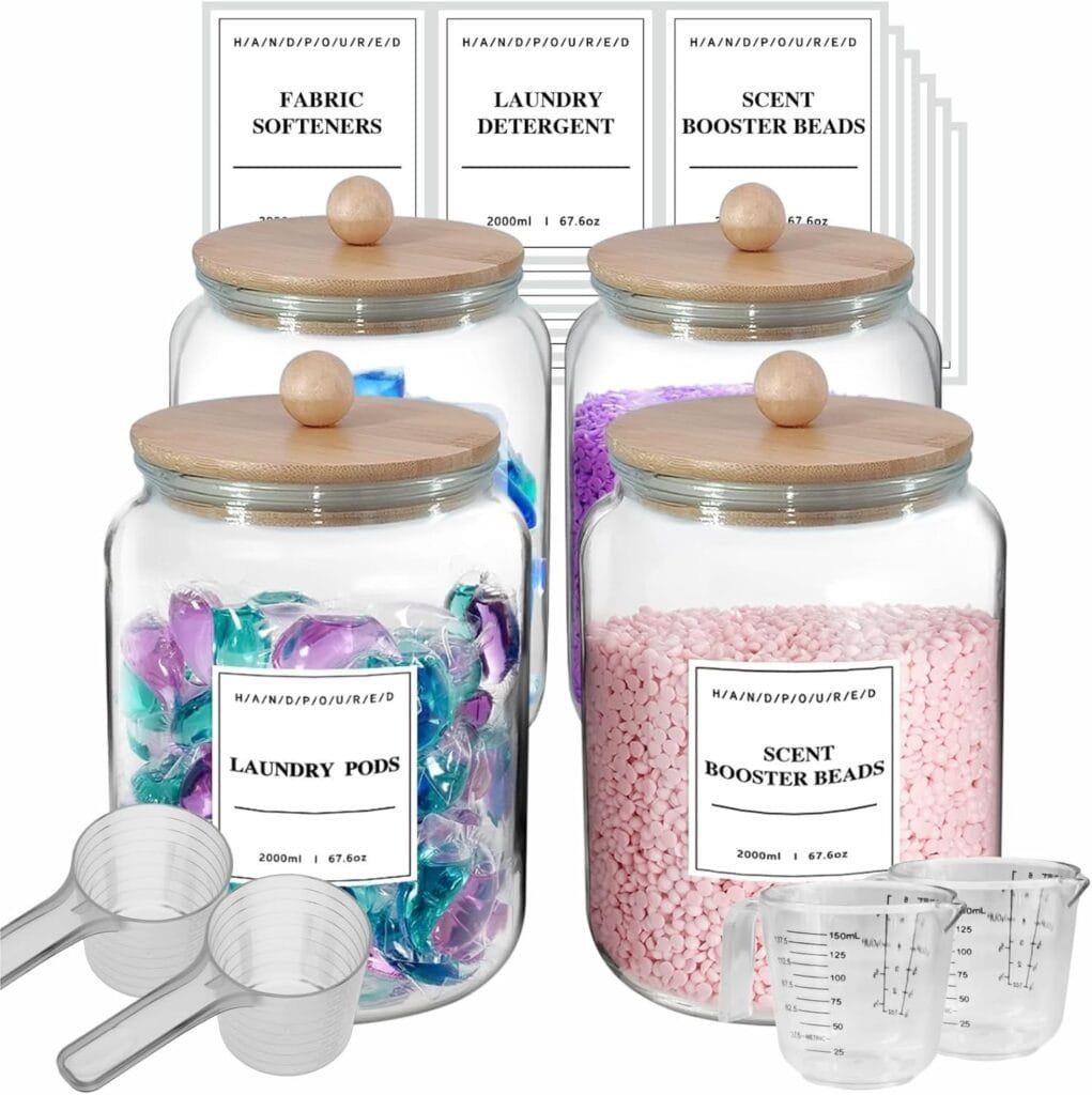 TAAMOG 4 Pack Glass Jars For Laundry Room Organization And Storage, Glass Containers with Lids, Include 18 Pre-Printed Labels, Bamboo Lids, Half Gallon, 2 Measuring Cup, 2 Spoon, Airtight Seal