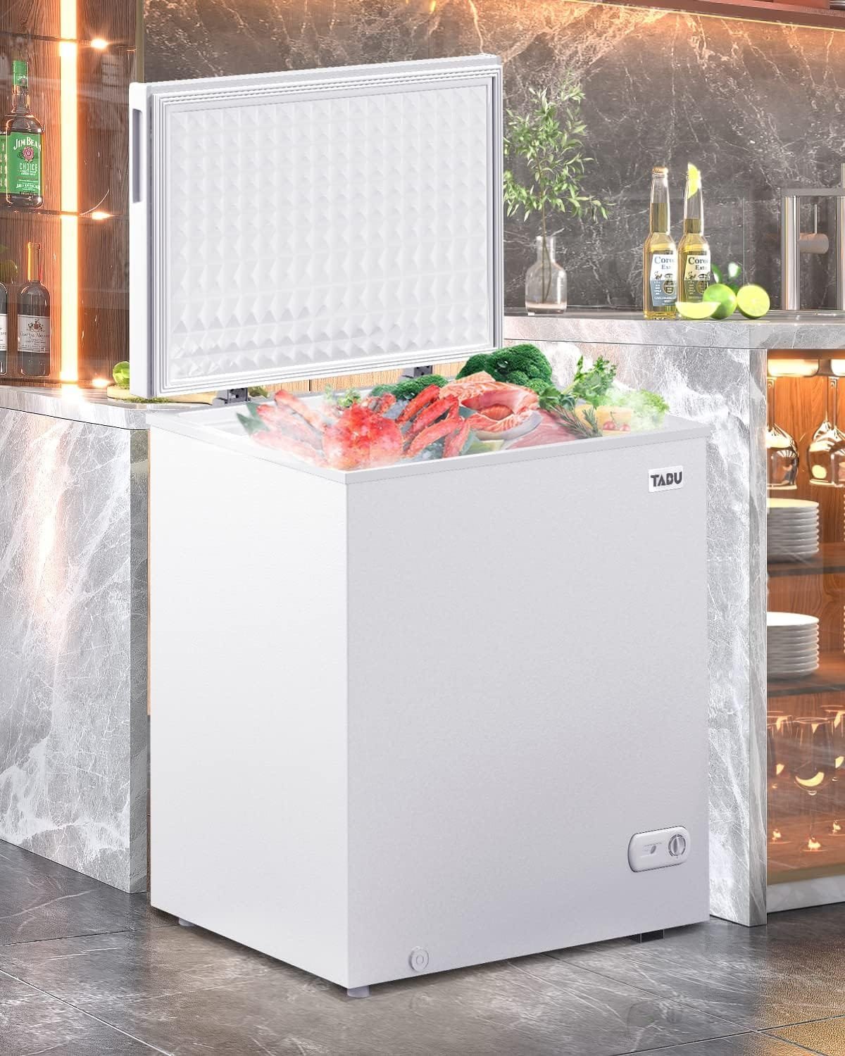 TABU 7.0 CU FT White Chest Freezer, Deep Freezer with Storage Basket, Manual Defrost Freezer, Energy Saving Compact Freezer with 7 Level Adjustable Temperature, Top Open Door, Removable Basket (White)