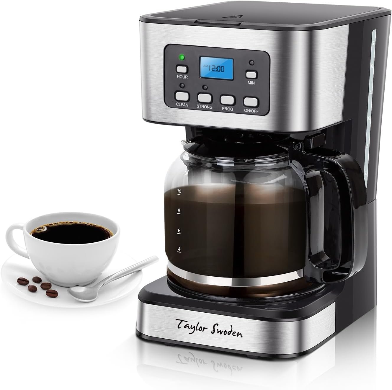 Taylor Swoden 12-Cup Programmable Coffee Maker, Regular  Strong Brew Drip Coffee Machine for Home and Office, Glass Carafe, Pause  Serve, Auto Shut Off, Black  Stainless Steel