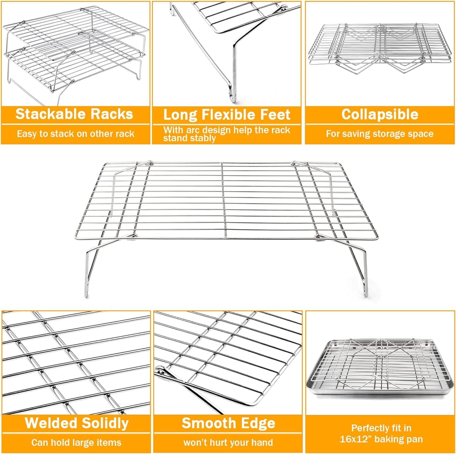 TeamFar Cooling Rack, 5-Tiers Stainless Steel Baking Cooling Wire Rack for Baking Roasting Cooking, Healthy  Firmly Weld, Stackable  Collapsible, Dishwasher Safe, 15”x10”