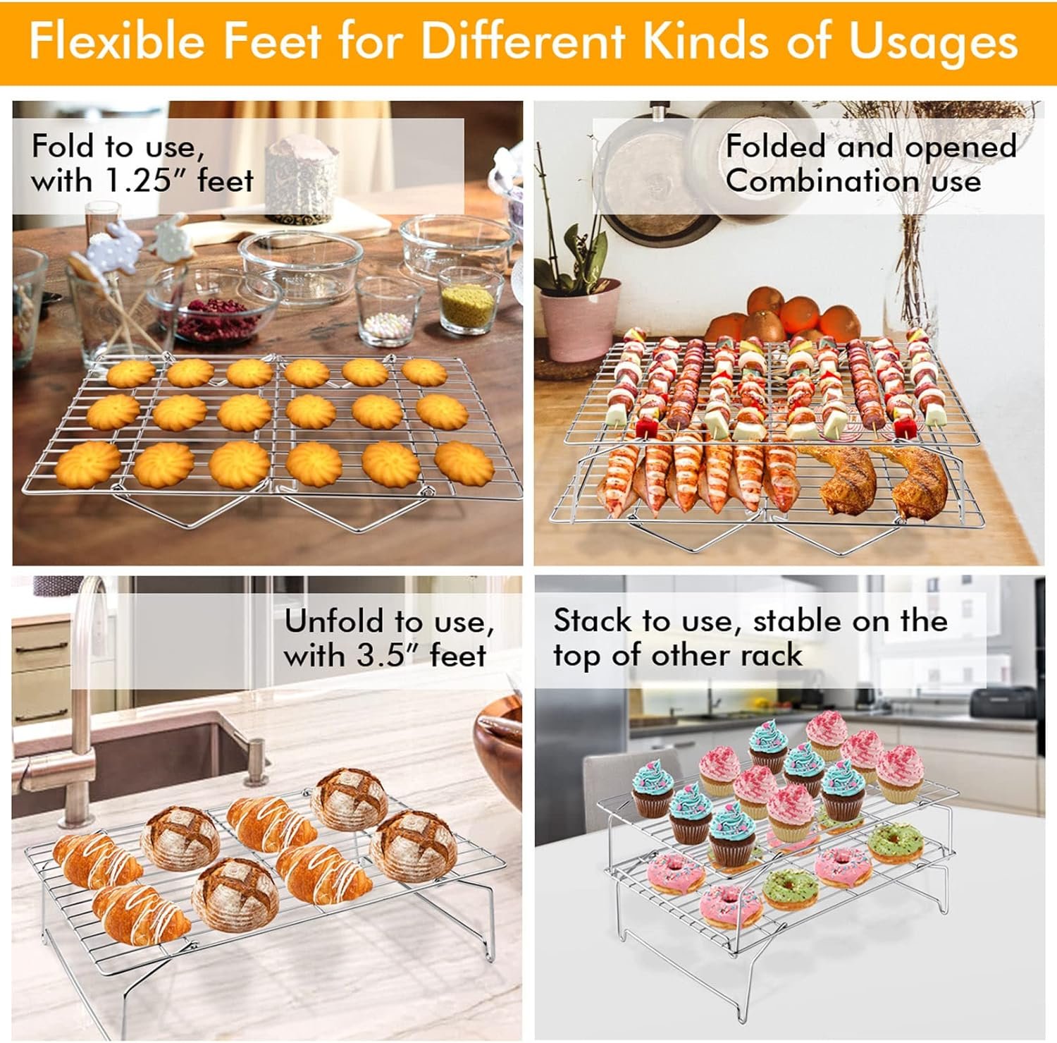 TeamFar Cooling Rack, 5-Tiers Stainless Steel Baking Cooling Wire Rack for Baking Roasting Cooking, Healthy  Firmly Weld, Stackable  Collapsible, Dishwasher Safe, 15”x10”