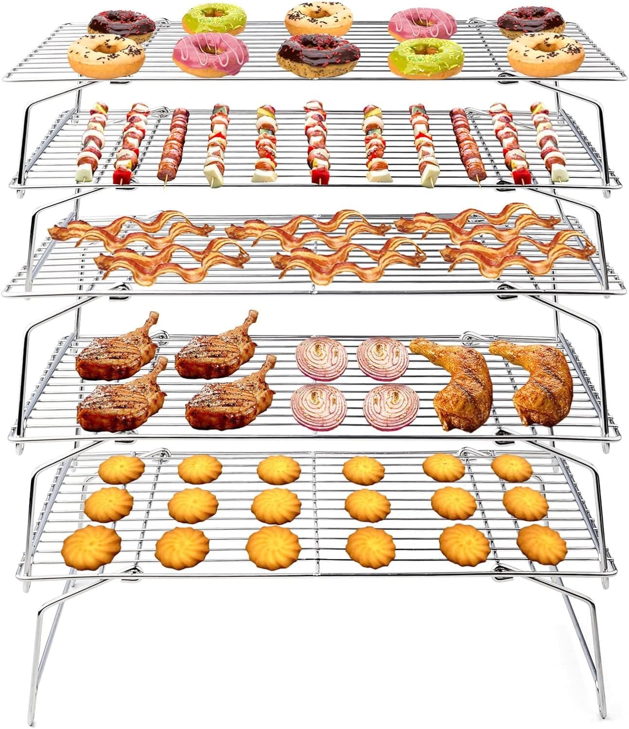 TeamFar Cooling Rack, 5-Tiers Stainless Steel Baking Cooling Wire Rack for Baking Roasting Cooking, Healthy  Firmly Weld, Stackable  Collapsible, Dishwasher Safe, 15”x10”