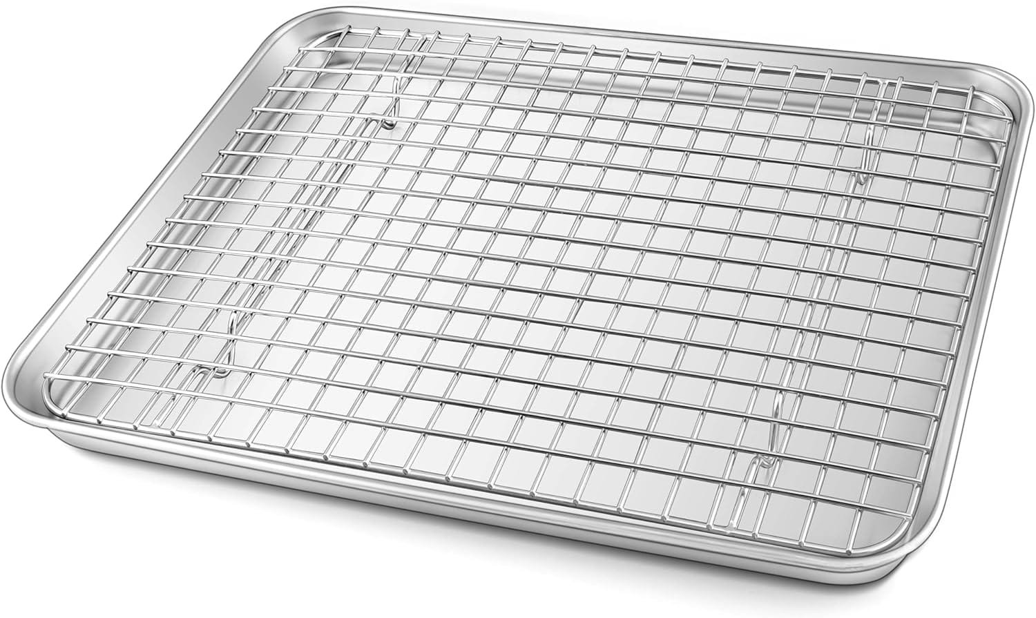 TeamFar Toaster Oven Pan with Cooling Rack Set, 10.5’’ x 8’’ x 1’’ Stainless Steel Compact Toaster Oven Small Baking Pan Tray with Mini Grid Rack, Non-Toxic  Heavy-Duty, Dishwasher  Oven Safe