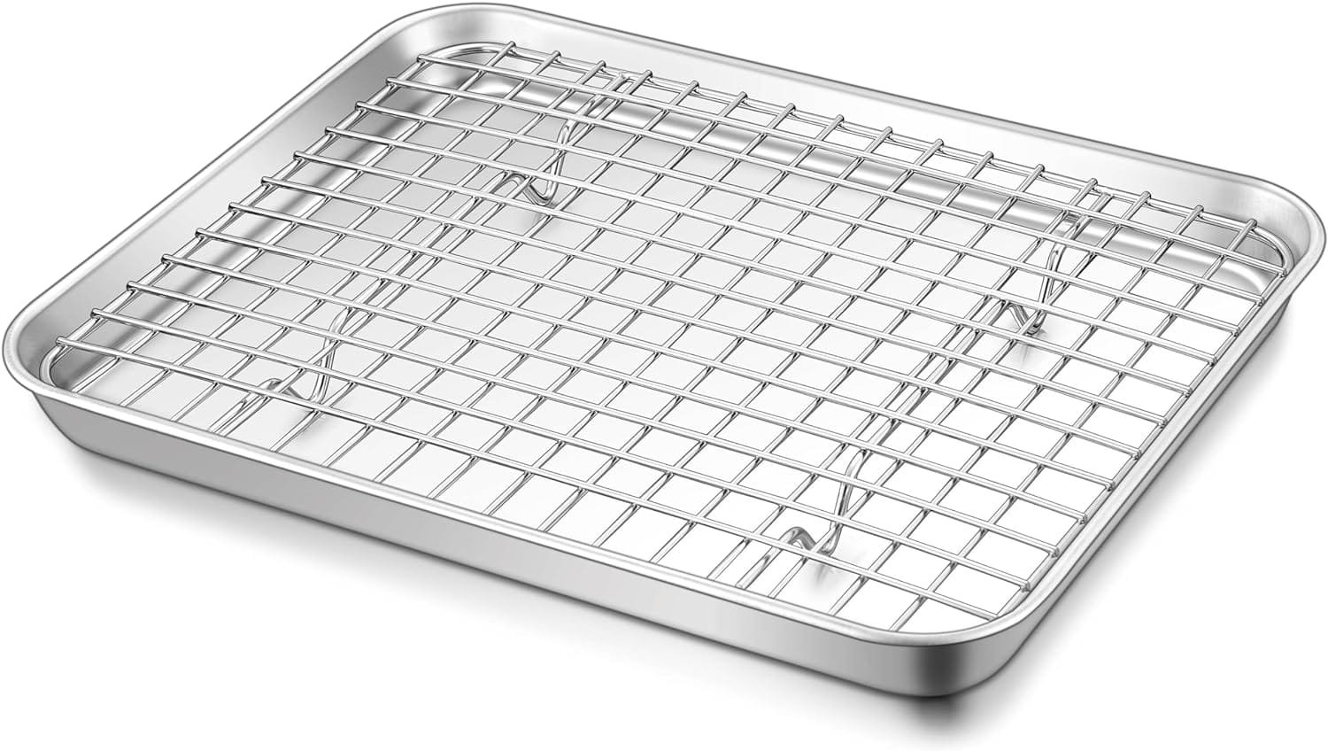 TeamFar Toaster Oven Pan with Cooling Rack Set, 10.5’’ x 8’’ x 1’’ Stainless Steel Compact Toaster Oven Small Baking Pan Tray with Mini Grid Rack, Non-Toxic  Heavy-Duty, Dishwasher  Oven Safe