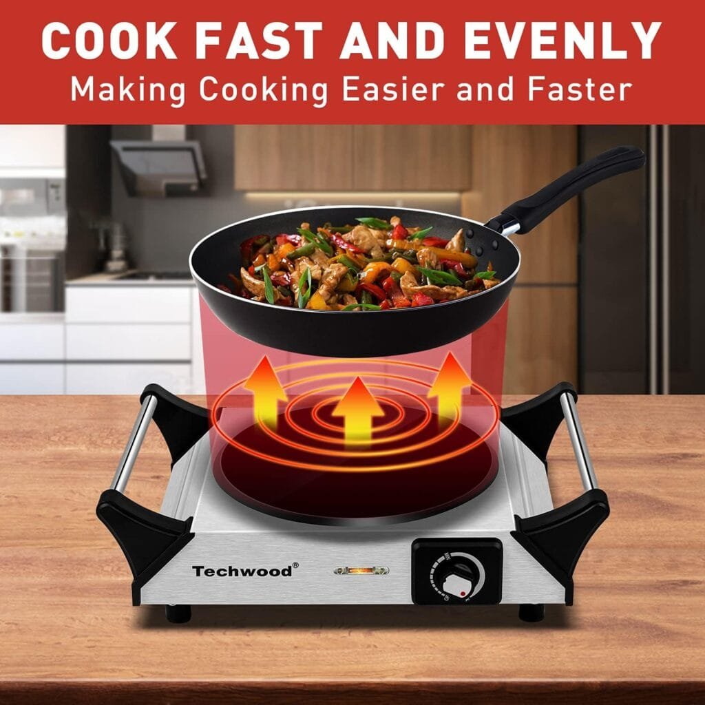 Techwood Hot Plate Portable Electric Stove 1500W Countertop Single Burner with Adjustable Temperature  Stay Cool Handles, 7.5” Cooktop for Dorm Office/Home/Camp, Compatible for All Cookwares