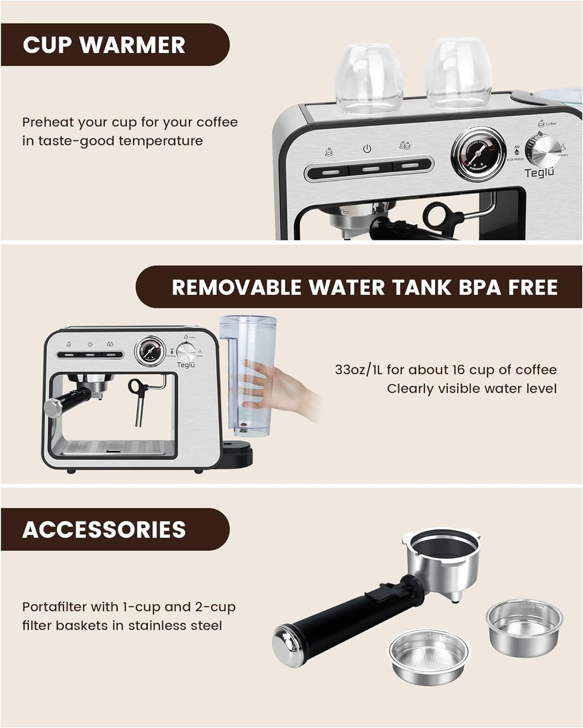 Teglu Espresso Machine 20 Bar with Milk Frother, Semi-Automatic Latte Cappuccino Coffee Maker Removable Water Tank 33oz/1L for Home/Office, ST-693B, 1450W, Stainless Steel Teglu Espresso Machine 20 Bar with Milk Frother, Semi-Automatic Latte Cappuccino Coffee Maker Removable Water Tank 33oz/1L for Home/Office, ST-693B, 1450W, Stainless Steel