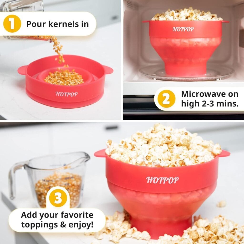 The Original Hotpop Microwave Popcorn Popper, Silicone Popcorn Maker, Collapsible Microwave Popcorn Bowl BPA-Free  Dishwasher Safe (Cherry)