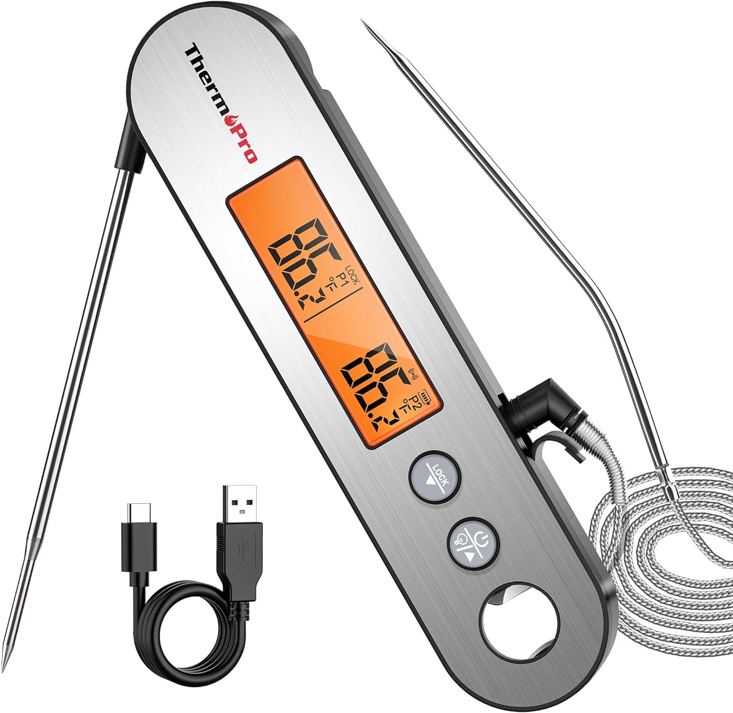 ThermoPro TP610 Digital Meat Thermometer for Cooking, Rechargeable Instant Read Food Thermometer with Rotating LCD Screen, Waterproof Cooking Thermometer with Alarm for Grilling, Smoker, BBQ, Oven ThermoPro TP610 Digital Meat Thermometer for Cooking, Rechargeable Instant Read Food Thermometer with Rotating LCD Screen, Waterproof Cooking Thermometer with Alarm for Grilling, Smoker, BBQ, Oven