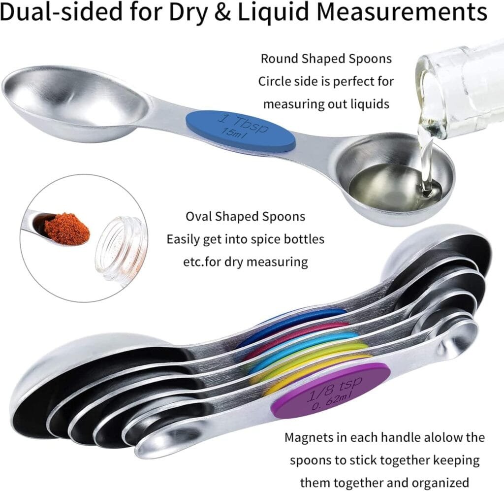TILUCK measuring cups and magnetic measuring spoons set, stainless steel measuring cups, 6 double-sided stainless steel measuring spoons  1 leveler